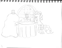Size: 1650x1275 | Tagged: artist:saburodaimando, cake, candlelight, dating, make new friends but keep discord, pencil drawing, pinkie pie, safe, shipping, sitting, smooze, smoozepie, table, that was fast, traditional art