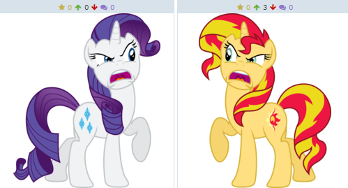 Size: 499x269 | Tagged: safe, artist:theshadowstone, derpibooru import, rarity, sunset shimmer, pony, derpibooru, exploitable meme, forced juxtaposition, juxtaposition, juxtaposition win, meme, meta, simple background, vector, white background