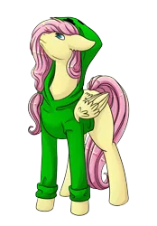 Size: 2500x3600 | Tagged: safe, artist:imreer, derpibooru import, fluttershy, pegasus, pony, bottomless, clothes, creeper, creepershy, female, hoodie, jacket, looking up, mare, minecraft, partial nudity, simple background, solo, sweater, sweatershy, transparent background