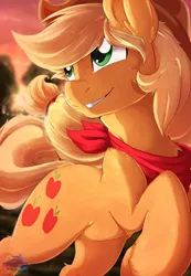 Size: 1024x1483 | Tagged: dead source, safe, artist:rainbowscreen, derpibooru import, applejack, earth pony, pony, bandana, cutie mark, ear fluff, female, fluffy, freckles, hat, mare, solo, sunset