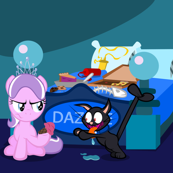 Size: 800x800 | Tagged: safe, artist:magerblutooth, derpibooru import, diamond tiara, oc, oc:dazzle, cat, fish, pony, bed, bone, dead, drool, female, filly, food, ice cream, ketchup, mess, mustard, pie, pillow, pizza, punishment, skeleton, tongue out