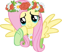 Size: 8506x7223 | Tagged: safe, artist:kapicator, derpibooru import, fluttershy, pegasus, pony, absurd resolution, bust, clothes, coronation dress, crying, dress, female, floral head wreath, flower, head tilt, looking at you, mare, portrait, simple background, smiling, solo, spread wings, teary eyes, transparent background, vector, wings