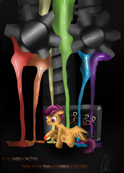 Size: 2464x3436 | Tagged: artist:iblisart, derpibooru import, fanfic:rainbow factory, scootaloo, semi-grimdark