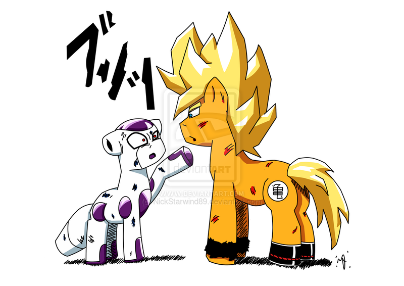 Size: 1024x724 | Tagged: artist:nickstarwind89, derpibooru import, dragon ball z, frieza, goku, ponified, safe, super saiyan