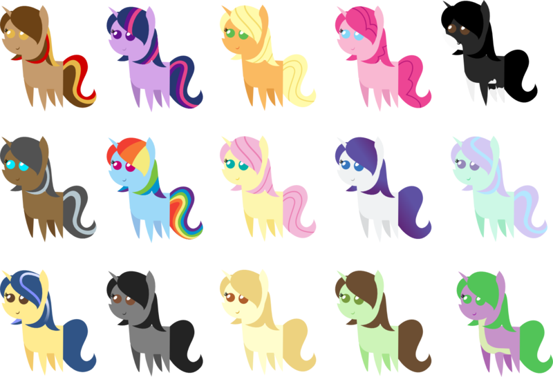 Size: 1479x1010 | Tagged: safe, artist:pandamoniyum, derpibooru import, applejack, fluttershy, pinkie pie, rainbow dash, rarity, spike, twilight sparkle, oc, oc:cookie dough, oc:cool coat, oc:dreamscape, oc:fluffle puff, oc:goofy smiles, oc:panda lily, oc:silver shore, pony, female, mare, pointy ponies