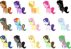 Size: 1479x1010 | Tagged: safe, artist:pandamoniyum, derpibooru import, applejack, fluttershy, pinkie pie, rainbow dash, rarity, spike, twilight sparkle, oc, oc:cookie dough, oc:cool coat, oc:dreamscape, oc:fluffle puff, oc:goofy smiles, oc:panda lily, oc:silver shore, pony, female, mare, pointy ponies