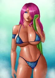 Size: 3000x4231 | Tagged: absurd resolution, artist:dclzexon, belly button, bikini, breasts, busty fluttershy, clothes, derpibooru import, female, fluttershy, human, humanized, micro bikini, midriff, nail polish, solo, solo female, suggestive, swimsuit, wet, wrong eye color