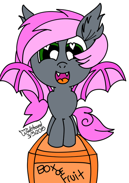 Size: 744x1052 | Tagged: safe, artist:xwoofyhoundx, derpibooru import, oc, oc:heartbeat, unofficial characters only, bat pony, pony, box, heart eyes, solo, wingding eyes