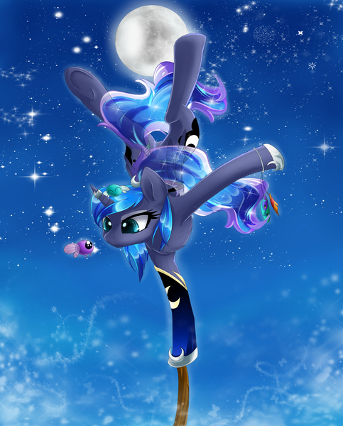 Size: 4350x5399 | Tagged: safe, artist:magnaluna, derpibooru import, princess luna, alicorn, parasprite, pony, absurd resolution, backbend, balancing, boot, ethereal mane, female, horn ring, looking at something, mare, meditation, moon, night, sky, starry mane, stars, underhoof