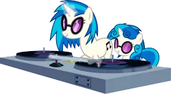 Size: 5703x3149 | Tagged: safe, artist:uxyd, derpibooru import, sweetie belle, vinyl scratch, pony, unicorn, cutie mark, female, filly, foal, glowing horn, horn, magic, mare, mixing console, simple background, smiling, sunglasses, teeth, telekinesis, transparent background, turntable, vector