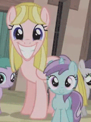 Size: 207x278 | Tagged: safe, derpibooru import, screencap, aura (character), liza doolots, petunia, tootsie flute, tornado bolt, pegasus, pony, unicorn, the cutie map, animated, background pony, creepy, creepy smile, cropped, cult, cute, equalized, equalized mane, faic, fake smile, female, filly, foal, folded wings, impossibly large smile, looking at you, mare, smiling, stepford smiler, uncanny valley, wide smile, wings, youtube link
