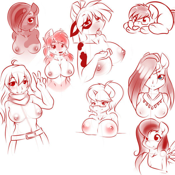 Size: 1280x1280 | Tagged: anthro, artist:kloudmutt, breasts, derpibooru import, female, furry, human, nipples, non-mlp oc, non-pony oc, nudity, oc, questionable, sketch, sketch dump, unofficial characters only