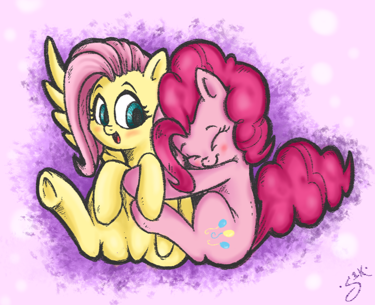 Size: 1209x981 | Tagged: artist:silver1kunai, cute, derpibooru import, fluttershy, hug, pinkie pie, safe, underhoof