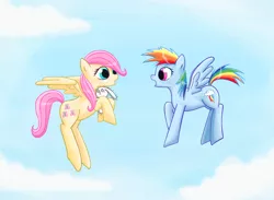 Size: 1500x1097 | Tagged: safe, artist:mornincloud, derpibooru import, angel bunny, fluttershy, rainbow dash, digital art, filly, flying