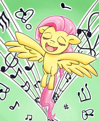 Size: 1000x1227 | Tagged: artist:mornincloud, derpibooru import, filli vanilli, fluttershy, flying, music notes, safe, singing, smiling, solo