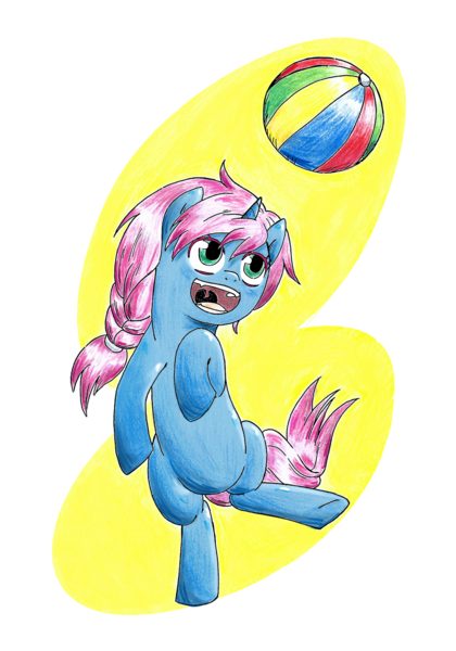 Size: 1000x1430 | Tagged: artist:mornincloud, azuna, beach ball, derpibooru import, female, filly, oc, oc:seline, offspring, parent:oc:azure night, parent:princess luna, parents:azuna, parents:canon x oc, safe, solo, unofficial characters only