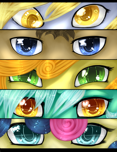 Size: 1250x1617 | Tagged: safe, artist:tomocreations, derpibooru import, bon bon, carrot top, derpy hooves, doctor whooves, golden harvest, lyra heartstrings, sweetie drops, time turner, earth pony, pegasus, pony, unicorn, eyes, female, male, mare, persona eyes, stallion