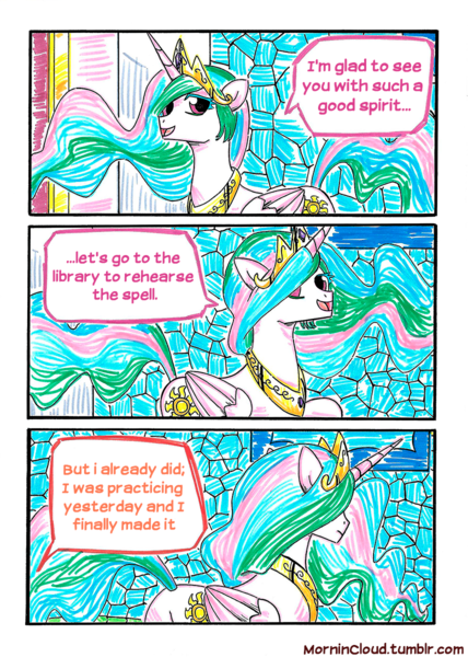 Size: 856x1200 | Tagged: safe, artist:mornincloud, derpibooru import, princess celestia, comic, dialogue, my faithful student, traditional art