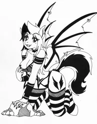Size: 2280x2928 | Tagged: suggestive, artist:green-sama, derpibooru import, oc, unofficial characters only, anthro, bat pony, clothes, female, monochrome, socks, solo, solo female, stockings, striped socks