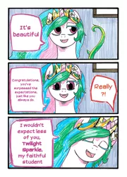 Size: 864x1203 | Tagged: artist:mornincloud, comic, derpibooru import, dialogue, my faithful student, plot twist, princess celestia, safe, sunset shimmer, traditional art