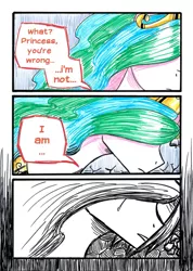 Size: 500x701 | Tagged: artist:mornincloud, comic, derpibooru import, dialogue, my faithful student, princess celestia, safe, sunset shimmer, traditional art