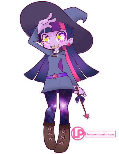 Size: 800x1035 | Tagged: safe, artist:lolopan, derpibooru import, twilight sparkle, equestria girls, belt, boots, clothes, crossover, cute, dress, hat, little witch academia, pantyhose, shoes, skirt, solo, witch, witch hat