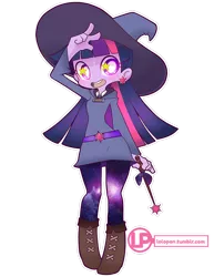 Size: 800x1035 | Tagged: safe, artist:lolopan, derpibooru import, twilight sparkle, equestria girls, belt, boots, clothes, crossover, cute, dress, hat, little witch academia, pantyhose, shoes, skirt, solo, witch, witch hat