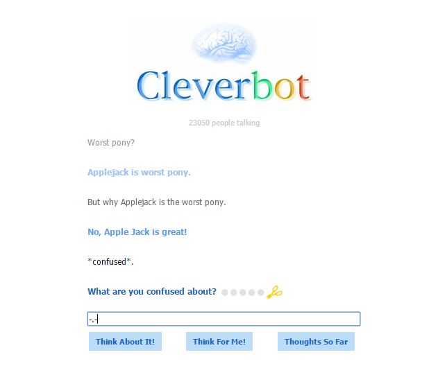 Size: 618x528 | Tagged: applejack, chat, cleverbot, fail, meme, safe, text, worst pony