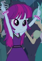 Size: 388x564 | Tagged: safe, derpibooru import, screencap, mystery mint, scott green, tennis match, equestria girls, rainbow rocks, shake your tail, armpits, background human, bracelet, cute, image, jewelry, mysterybetes, necklace, png, purple and black dress, purple and pink hair, sleeveless