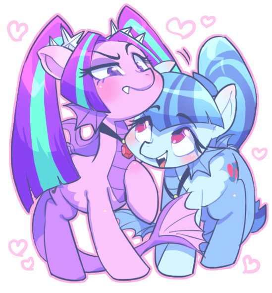 Size: 549x590 | Tagged: dead source, safe, artist:jirousan, derpibooru import, aria blaze, sonata dusk, ponified, pony, siren, equestria girls, rainbow rocks, arisona, cute, equestria girls ponified, fangs, female, heart, lesbian, pixiv, shipping, sonatabetes, tsundaria, tsundere