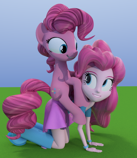 Size: 562x648 | Tagged: safe, artist:3d thread, artist:creatorofpony, derpibooru import, pinkie pie, pony, equestria girls, /mlp/, 3d, 3d model, all fours, blender, boots, bracelet, clothes, high heel boots, human ponidox, looking at each other, ponies riding humans, pony ride, shirt, skirt, smiling