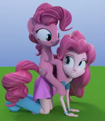Size: 562x648 | Tagged: safe, artist:3d thread, artist:creatorofpony, derpibooru import, pinkie pie, pony, equestria girls, /mlp/, 3d, 3d model, all fours, blender, boots, bracelet, clothes, high heel boots, human ponidox, looking at each other, ponies riding humans, pony ride, shirt, skirt, smiling