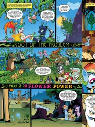 Size: 720x960 | Tagged: safe, derpibooru import, idw, apple bloom, bramble, lyra heartstrings, philomena, princess celestia, princess luna, rainbow dash, tiberius, twilight sparkle, zecora, zebra, spoiler:comic, spoiler:comic28, comic, idw advertisement, image, jpeg, preview, tail, tail pull, vine