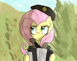 Size: 1280x1024 | Tagged: accordion, artist:wuzzlefluff, clothes, dat face soldier, fluttershy, musical instrument, remove kebab, safe, serbia, serbia strong, solo