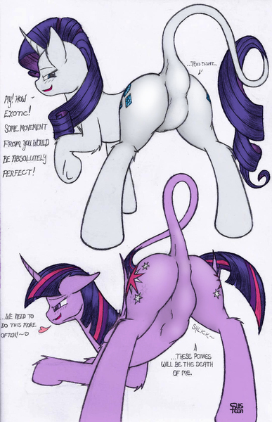 Size: 1080x1675 | Tagged: questionable, artist:augustbebel, artist:suspega, derpibooru import, rarity, twilight sparkle, twilight sparkle (alicorn), oc, oc:anon, alicorn, classical unicorn, human, pony, dialogue, dock, face down ass up, family friendly features have doomed us, featureless crotch, female, fetish, heart, leonine tail, mare, micro, plot, ponies eating humans, raripred, tail bulge, tail vore, twipred, vore