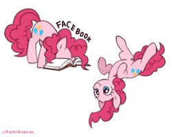 Size: 600x480 | Tagged: safe, artist:kairean, derpibooru import, pinkie pie, book, cute, diapinkes, facebook, facebooking, literal, on back, pinkie being pinkie, ponk, pun, simple background, smiling, solo, upside down, visual pun, white background