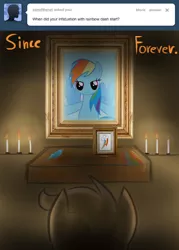 Size: 500x700 | Tagged: artist needed, ask, candle, derpibooru import, not creepy, rainbow dash, safe, scootaloo, shrine, source needed, stalkerloo, tumblr