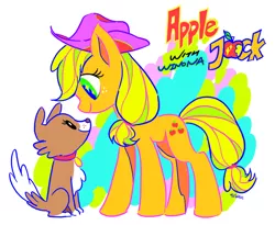 Size: 900x739 | Tagged: safe, artist:area, derpibooru import, applejack, winona, dog, earth pony, pony, abstract background, cute, duo, female, jackabetes, looking at each other, mare, pixiv