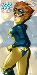 Size: 550x1101 | Tagged: suggestive, artist:xjkenny, derpibooru import, spitfire, equestria girls, blushing, buttcrack, clothes, humanized, solo, stupid sexy spitfire, torn clothes, wardrobe malfunction, wonderbolts uniform, zoom layer