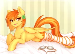 Size: 1280x931 | Tagged: suggestive, artist:spittfireart, derpibooru import, spitfire, pegasus, pony, :p, bed, bedroom eyes, clothes, clover, commission, cute, cutefire, female, four leaf clover, goggles, looking at you, mare, socks, solo, solo female, stockings, striped socks, stupid sexy spitfire, thigh highs, tongue out