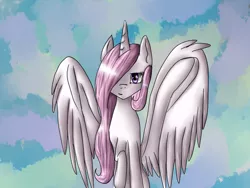 Size: 800x600 | Tagged: safe, artist:risakill, derpibooru import, princess celestia, looking at you, pink mane, pink-mane celestia, raised hoof, smirk, solo, spread wings