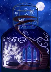 Size: 3500x4960 | Tagged: safe, artist:dalagar, derpibooru import, concept, implied princess luna, moon, no pony, room, stairs, tree