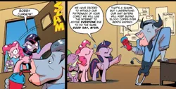 Size: 622x313 | Tagged: safe, derpibooru import, edit, pinkie pie, spike, twilight sparkle, twilight sparkle (alicorn), well-to-do, alicorn, pony, spoiler:comic, bobby curnow, comic drama, drama, drama bait, female, mare, meta, mouthpiece