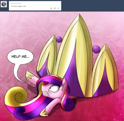 Size: 1280x1254 | Tagged: artist:iraincloud, ask, crown, derpibooru import, frown, gritted teeth, help me, jewelry, ladybugs-awake, princess cadance, prone, regalia, safe, solo, stuck, tiara, tumblr, waving, wide eyes