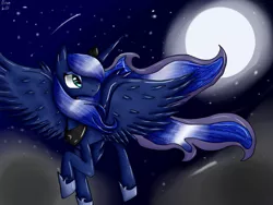 Size: 800x600 | Tagged: artist:risakill, cloud, cloudy, derpibooru import, flying, moon, night, princess luna, safe, solo