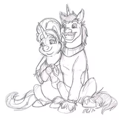 Size: 909x905 | Tagged: safe, artist:carnivorouscaribou, derpibooru import, cookie crumbles, hondo flanks, pony, unicorn, cookieflanks, monochrome, rarity's parents, sitting, sketch, smiling