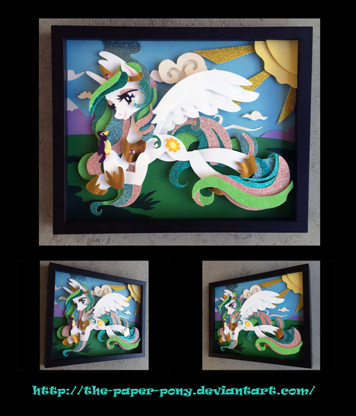 Size: 1061x1240 | Tagged: safe, artist:the-paper-pony, derpibooru import, princess celestia, bird, craft, shadowbox, solo