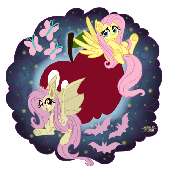 Size: 1024x1024 | Tagged: apple, artist:zowiestardust-mlp, derpibooru import, duality, flutterbat, fluttershy, safe, solo