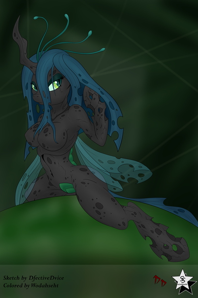 Size: 3000x4500 | Tagged: absurd resolution, anthro, artist:dfectivedvice, artist:wodahseht, barbie doll anatomy, breasts, cheeselegs, derpibooru import, featureless breasts, female, queen chrysalis, questionable, solo, solo female, trypophobia