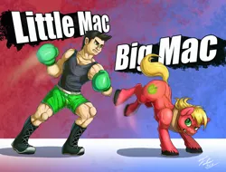 Size: 900x684 | Tagged: safe, artist:tsitra360, derpibooru import, big macintosh, earth pony, human, pony, boxer, bucking, crossover, fight, irony, little mac (punch out), male, middle mac, namesake, nintendo, pun, punch out, stallion, super smash bros., super smash bros. 4, versus